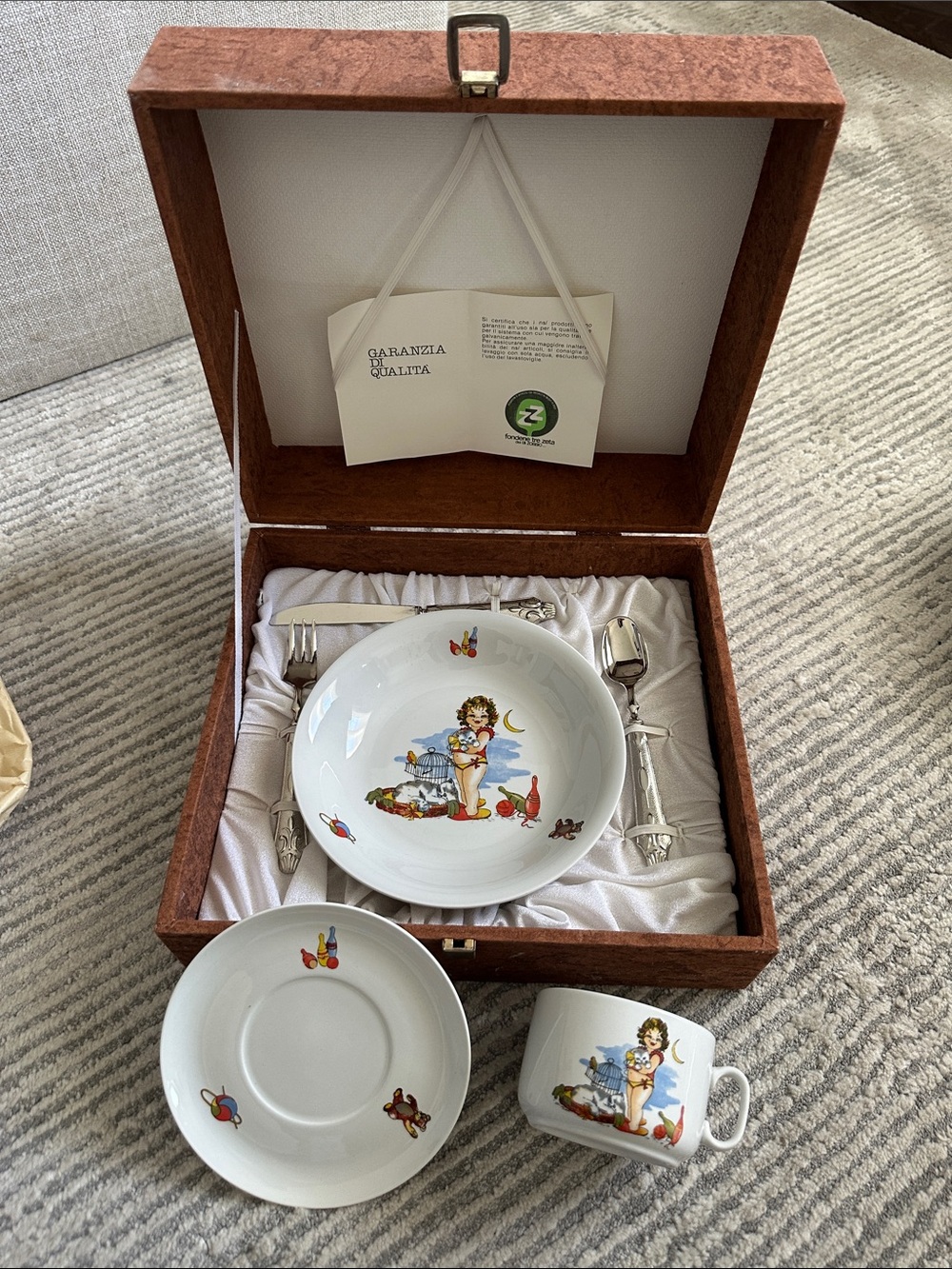 Childrens Porcelain Dining Set in White with Colorful Illustration from Italy